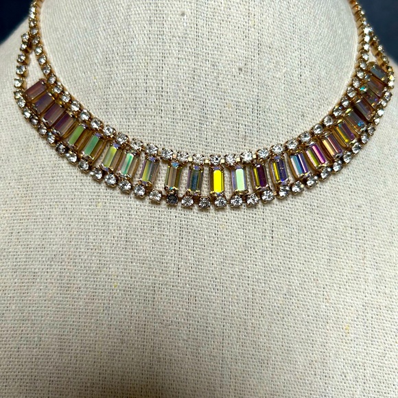 Vintage 1950’s  Baguette cut Aurora Borealis choker. Shepherds hook EUC - Picture 2 of 9